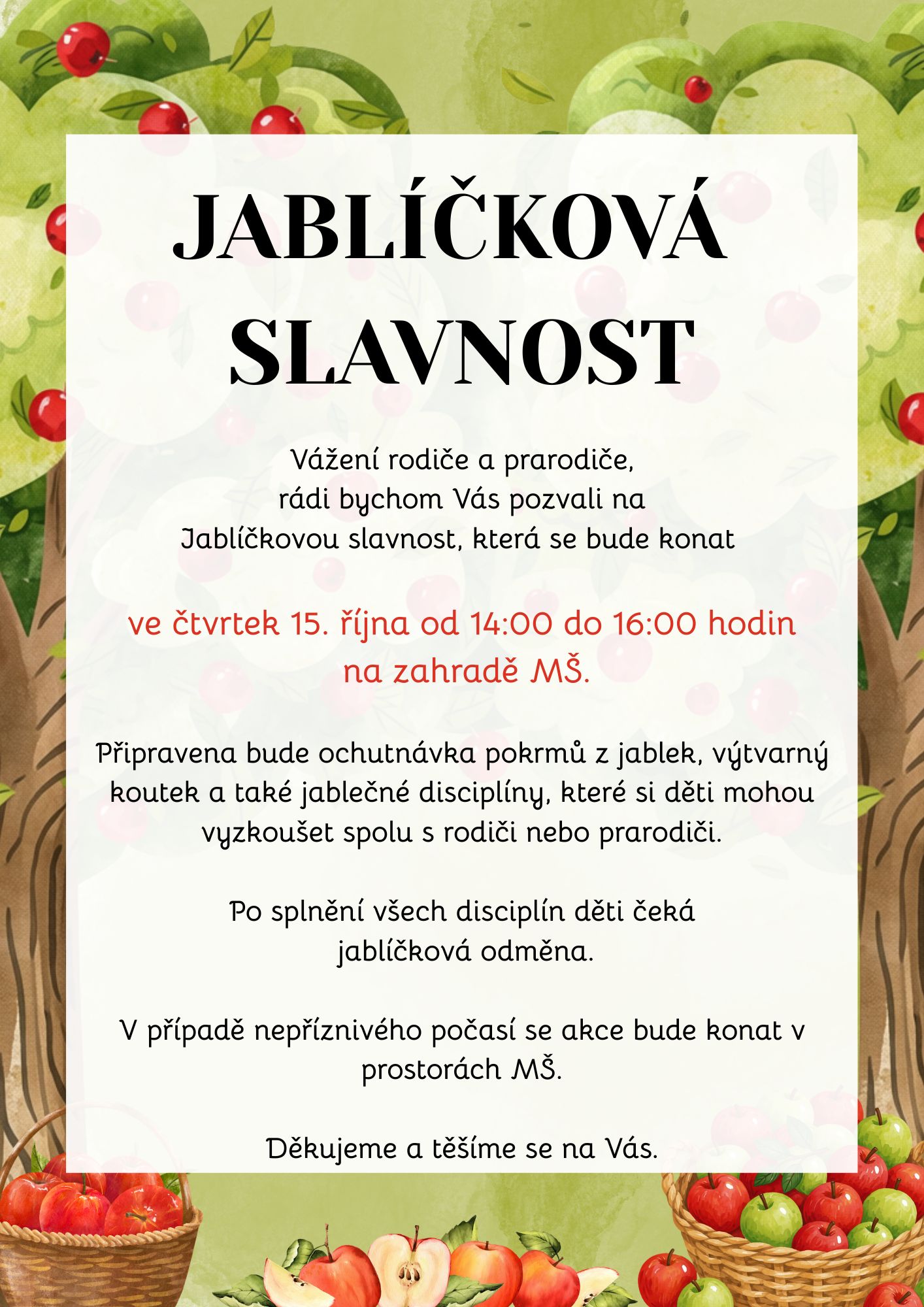 Jablíčková slavnost na zahradě MŠ 15.10. od 14. do 16. hodin